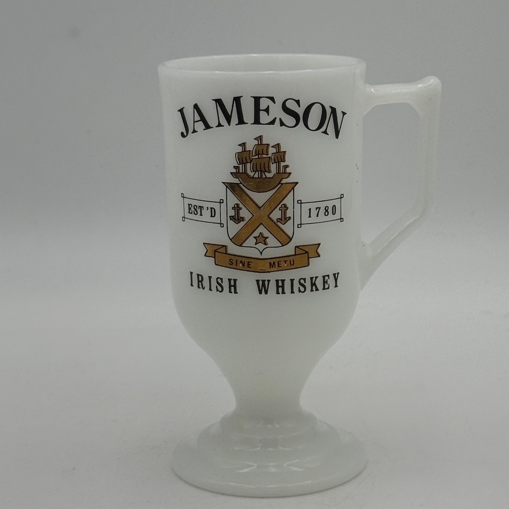 Jameson Irish Whiskey Milk Glass Footed Mug White Pedestal Coffee Cup Sine Metu